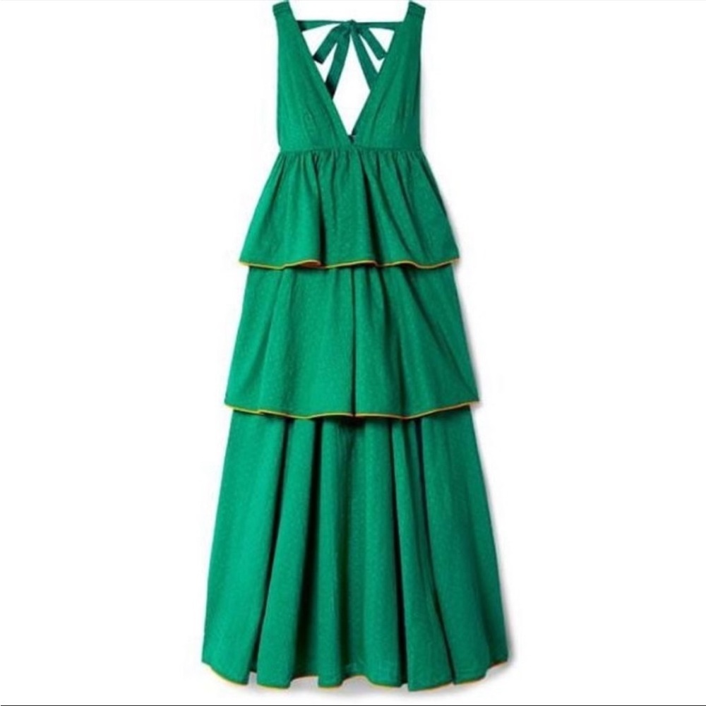 RHODE Leela Green Tiered Fil Coupe Cotton Maxi Dress - Medium